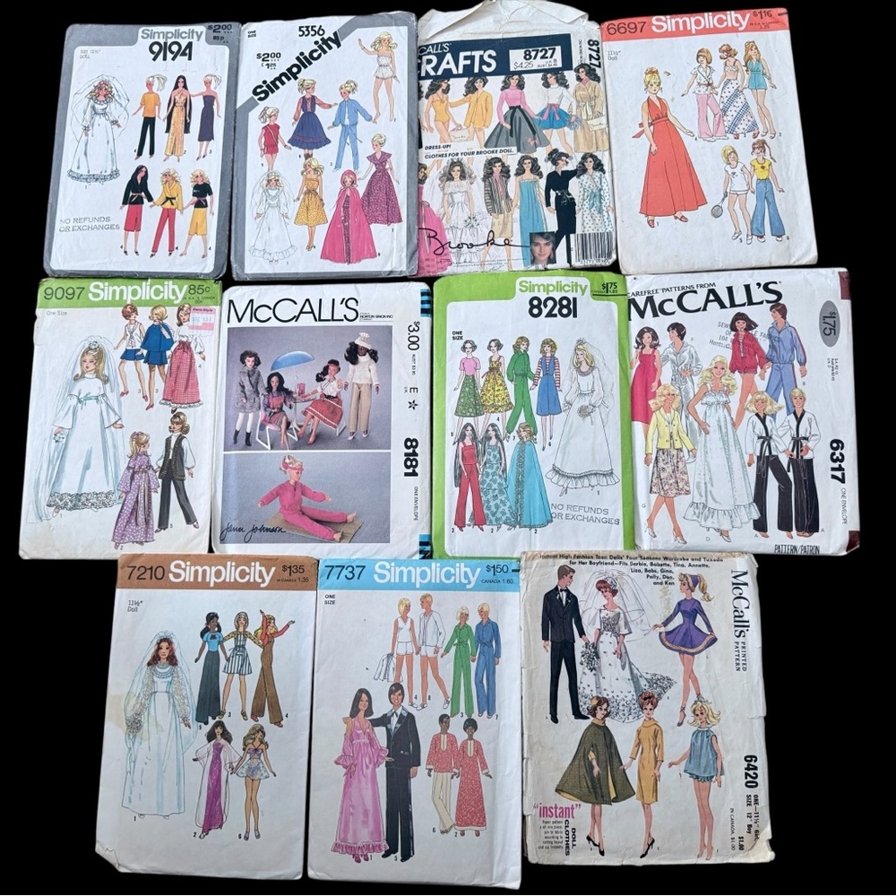 Lot of 11 Vintage Barbie Doll Clothing Sewing Pattern Collection